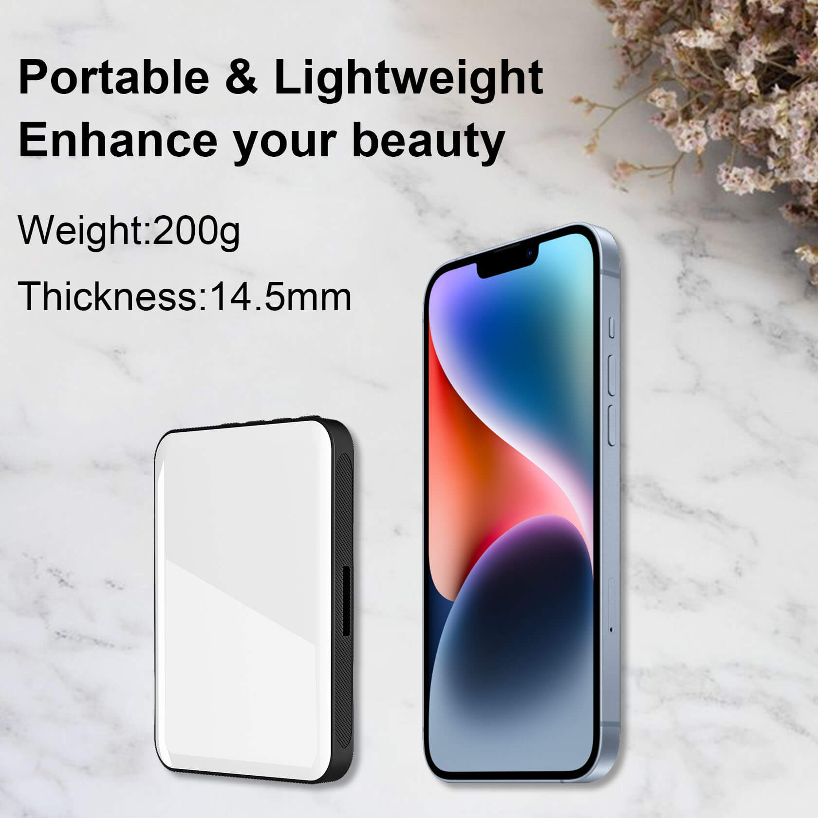 Magnetic Selfie Light clipped to iPhone as magsafe light; slim phone selfie light with adjustable color.