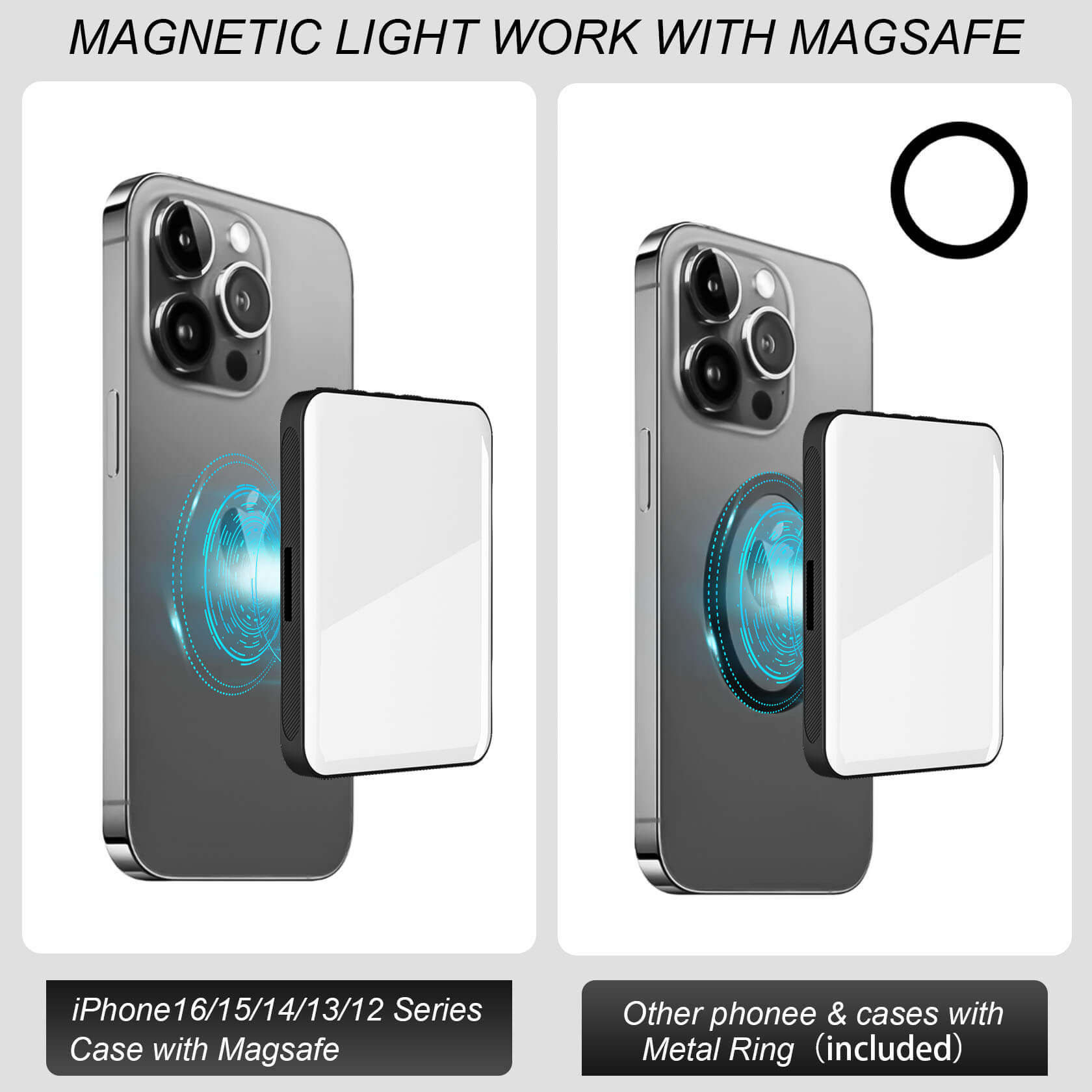 Magnetic Selfie Light clipped to iPhone as magsafe light; slim phone selfie light with adjustable color.