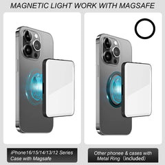 Magnetic Selfie Light clipped to iPhone as magsafe light; slim phone selfie light with adjustable color.