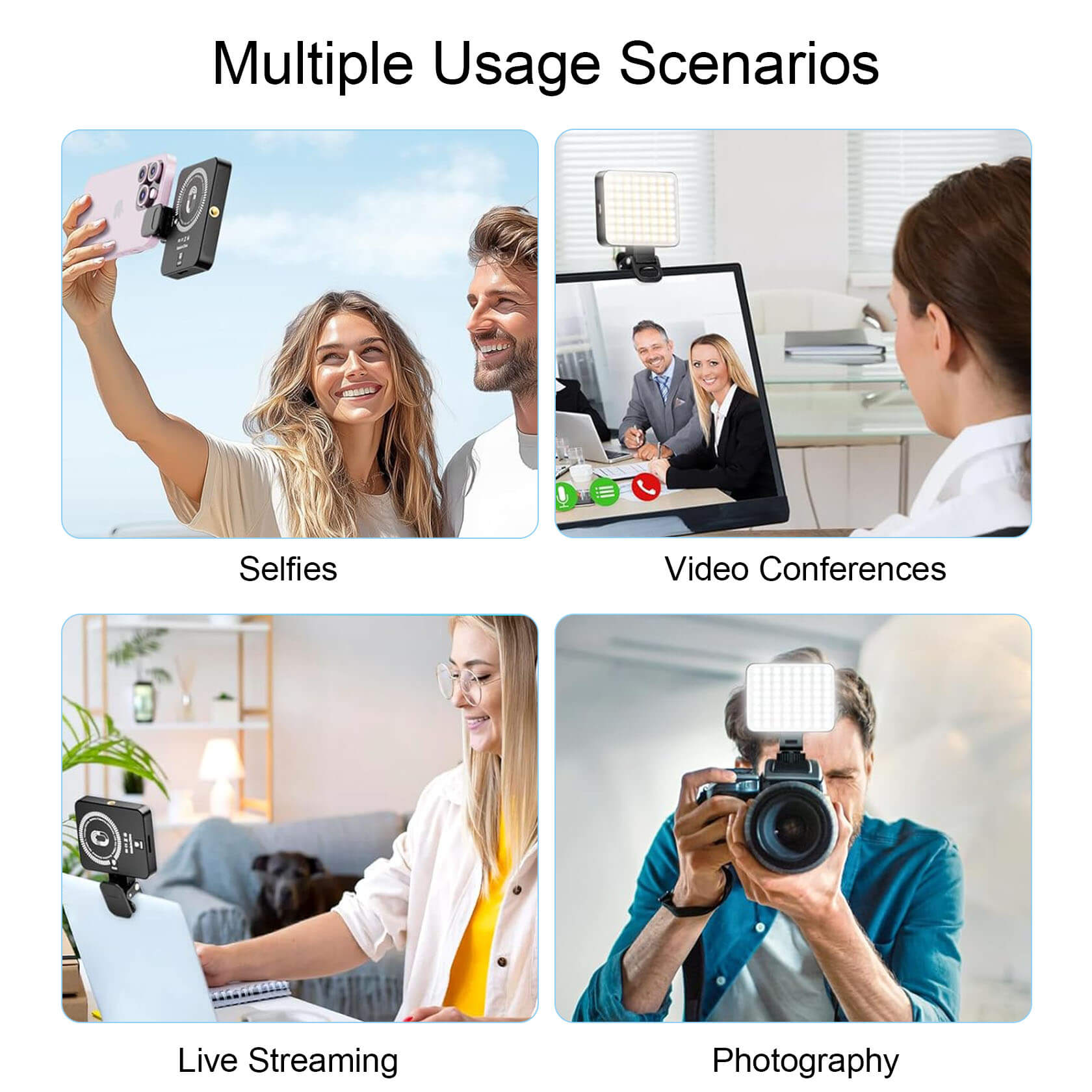 Magnetic Selfie Light clipped to iPhone as magsafe light; slim phone selfie light with adjustable color.